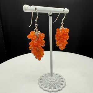 Natural Carnelian Briolette Sterling Silver Grape Cluster Dangle Earrings